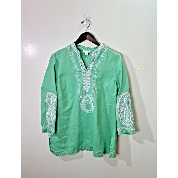 Charter Clube Women’s Embroidered Linen Tunic Size L Green Boho Festival Beachy - Picture 1 of 9
